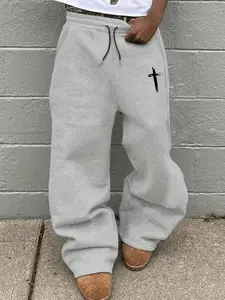 Men's Cross Print Straight Leg Sports Pants, Loose Fit Casual Streetwear, Comfortable Fashion Trendy Simple High-End Style, Casual Sport Trousers