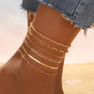 Waterproof Ankle Bracelets for Women, Women 6PCS Thiny Herringbone Box Paperclip Figaro Cuban Link Anklet Set Dainty Gold Jewelry for Women Cute Summer Beach Jewelry For Valentine's Day gifts