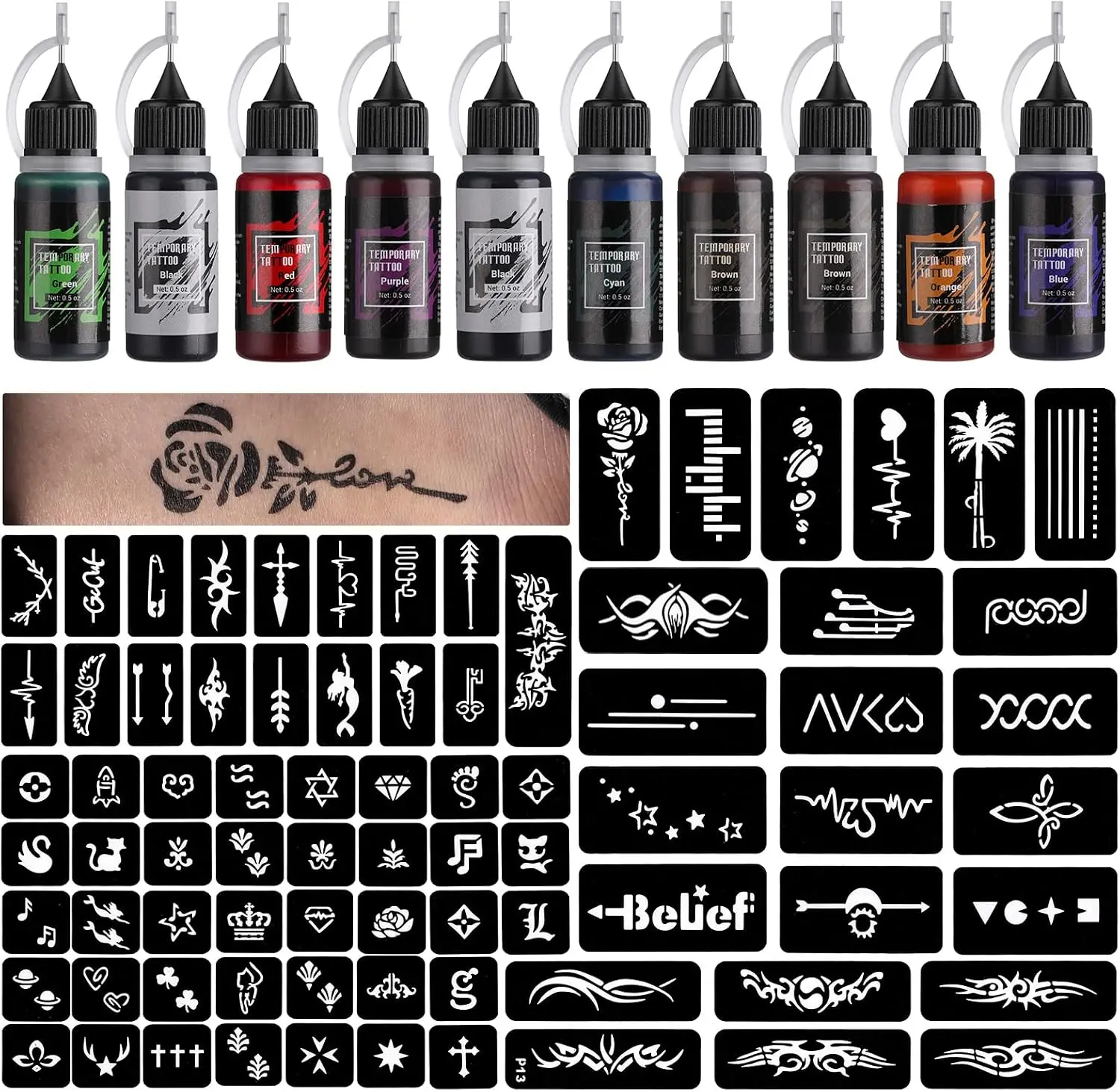 Temporary Tattoo Kit 10 Bottles Color Inks, 84 Pcs Stencils Kit for Body Paint DIY Tattoos Temp, (Black, Cyan, Red, Green, Blue, Purple, Brown, Orange,Yellow,Grey)