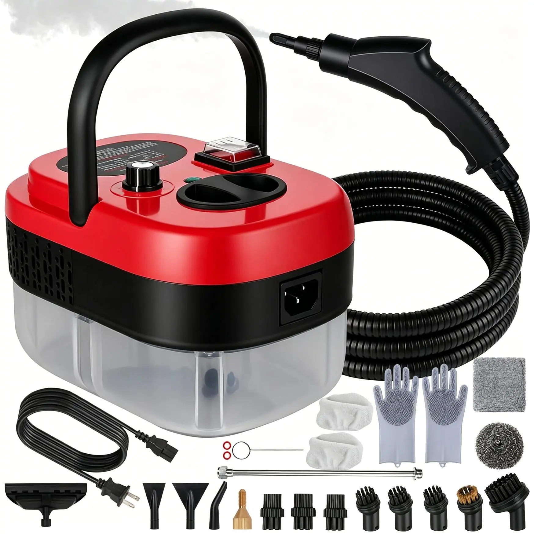 Red Lightweight Portable Handheld Steam Cleaner, Chemical-Free High-Temperature Steamer,1200ml Water Tank,6-Level Adjustable,15s Fast Heat-Up,20pcs Accessories for Kitchen Grease, Car Interior and Bathroom Grout, Multi-Surface Deep Cleaning