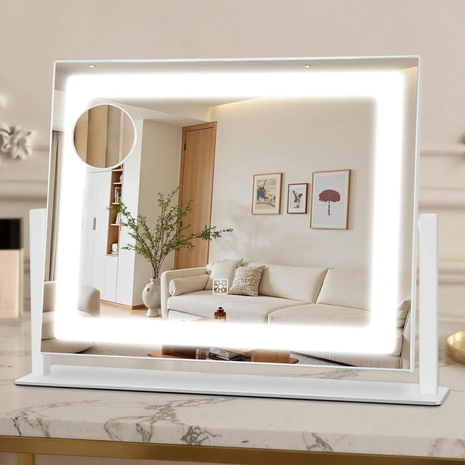 Vanity Mirror with Lights, 16"×12" LED Makeup Mirror, 10X Magnification, Smart Touch with 3-Color Lighting, 360° Rotation, Lighted Up for Makeup Desk, Bedroom (White)