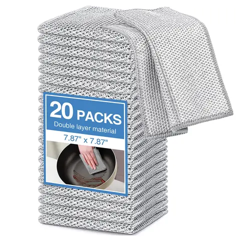 20-Count Non-Scratch Wire Dishcloths, Double-Layer Multipurpose Reusable Towels – Polyester Wiping Cloth for Kitchen Sinks, Pans, Washable Durable Cleaning Supplies for Wet & Dry Use, Housekeeping Essentials