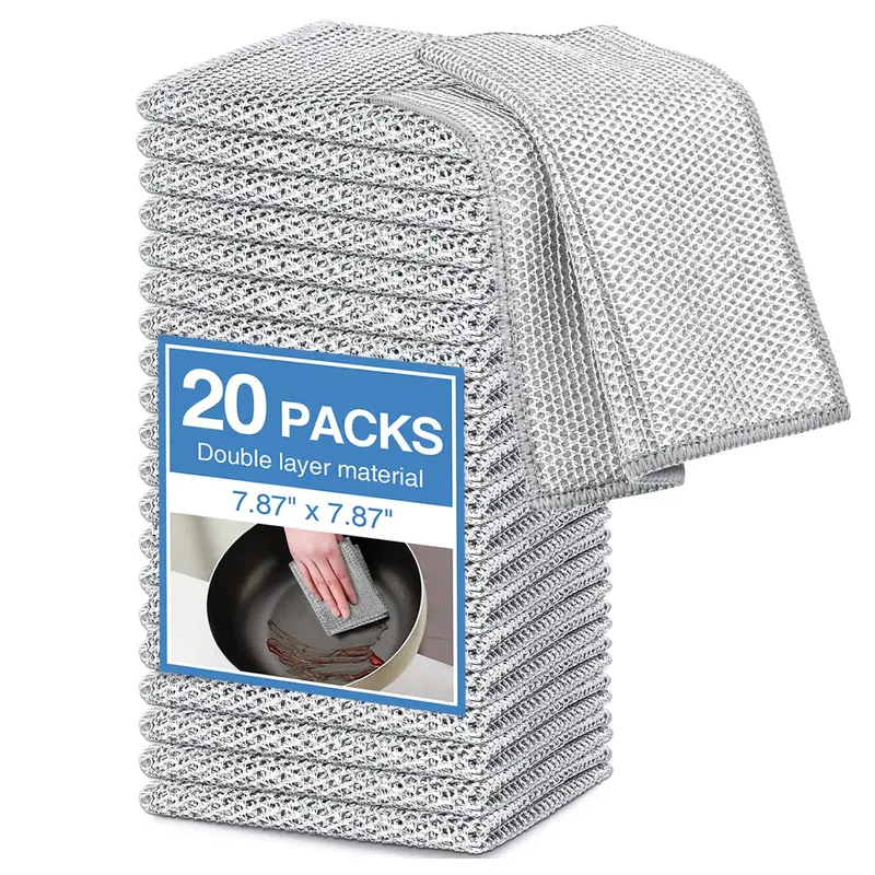 20-Count Non-Scratch Wire Dishcloths, Double-Layer Multipurpose Reusable Towels – Polyester Wiping Cloth for Kitchen Sinks, Pans, Washable Durable Cleaning Supplies for Wet & Dry Use, Housekeeping Essentials