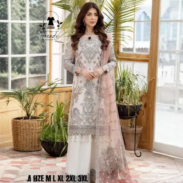 Elegant White Embroidery Ready-to-Wear 3-Piece Salwar Kameez Set