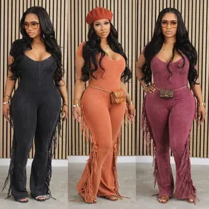 Women's Sexy Solid Bodycon V Neck Fringe Short Sleeve Bell Bottom Long Pants Jumpsuit Romper