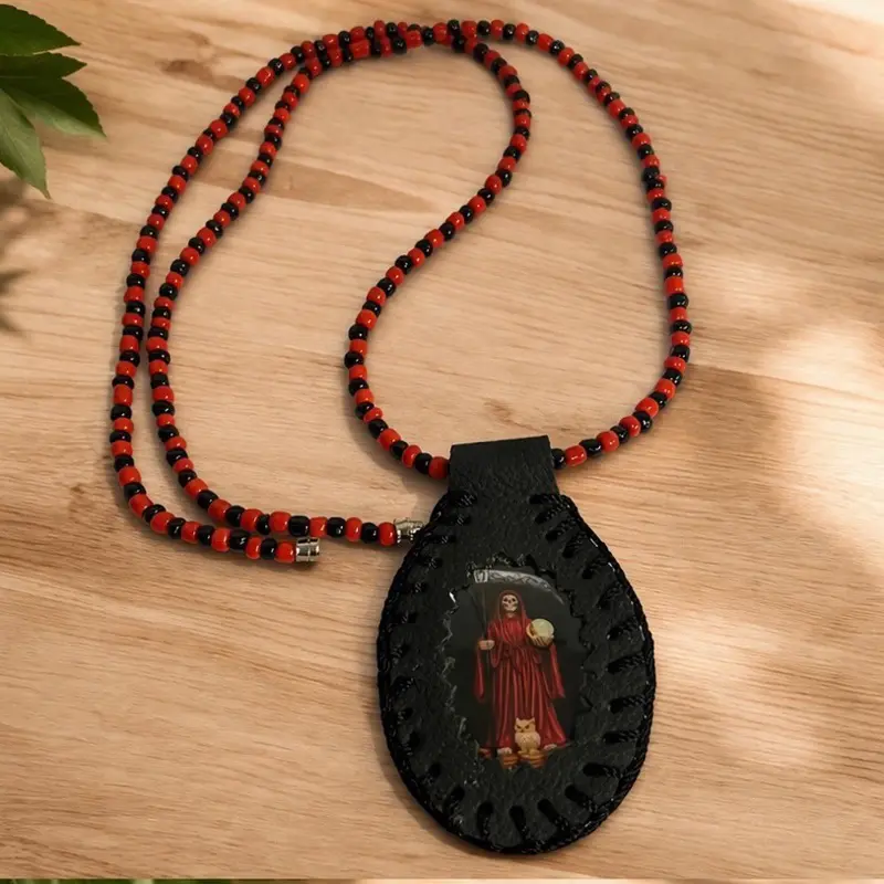 Unisex Santa Muerte Necklace leather Scapular style Santa Muerte image prayer