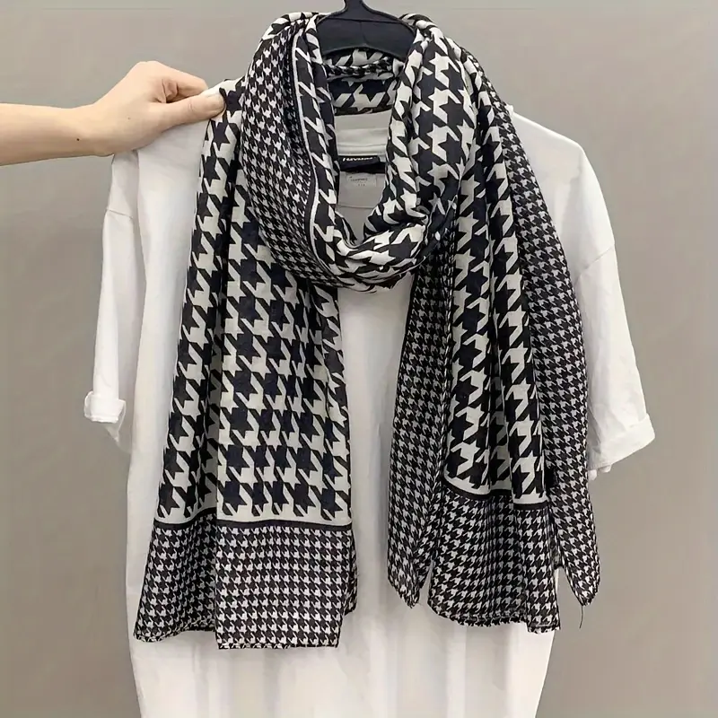 Men's Black and White Houndstooth Scarf, Mature Woven Polyester Shawl for Casual Wear, Long, Lightweight, and Windproof, Male, Mature Look