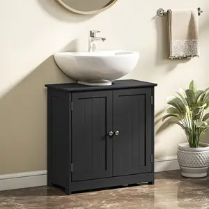 Pedestal Sink Storage Cabinet with U-Shape Cut-Out Adjustable Shelf Black MDF Material 22 lbs Capacity Under Sink Organizer