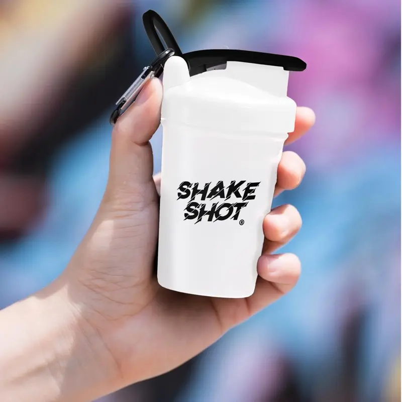 Shake Shot 4 oz White Mini Pre-workout & Supplement Bottle with Clip & Shaker Ball Gym
