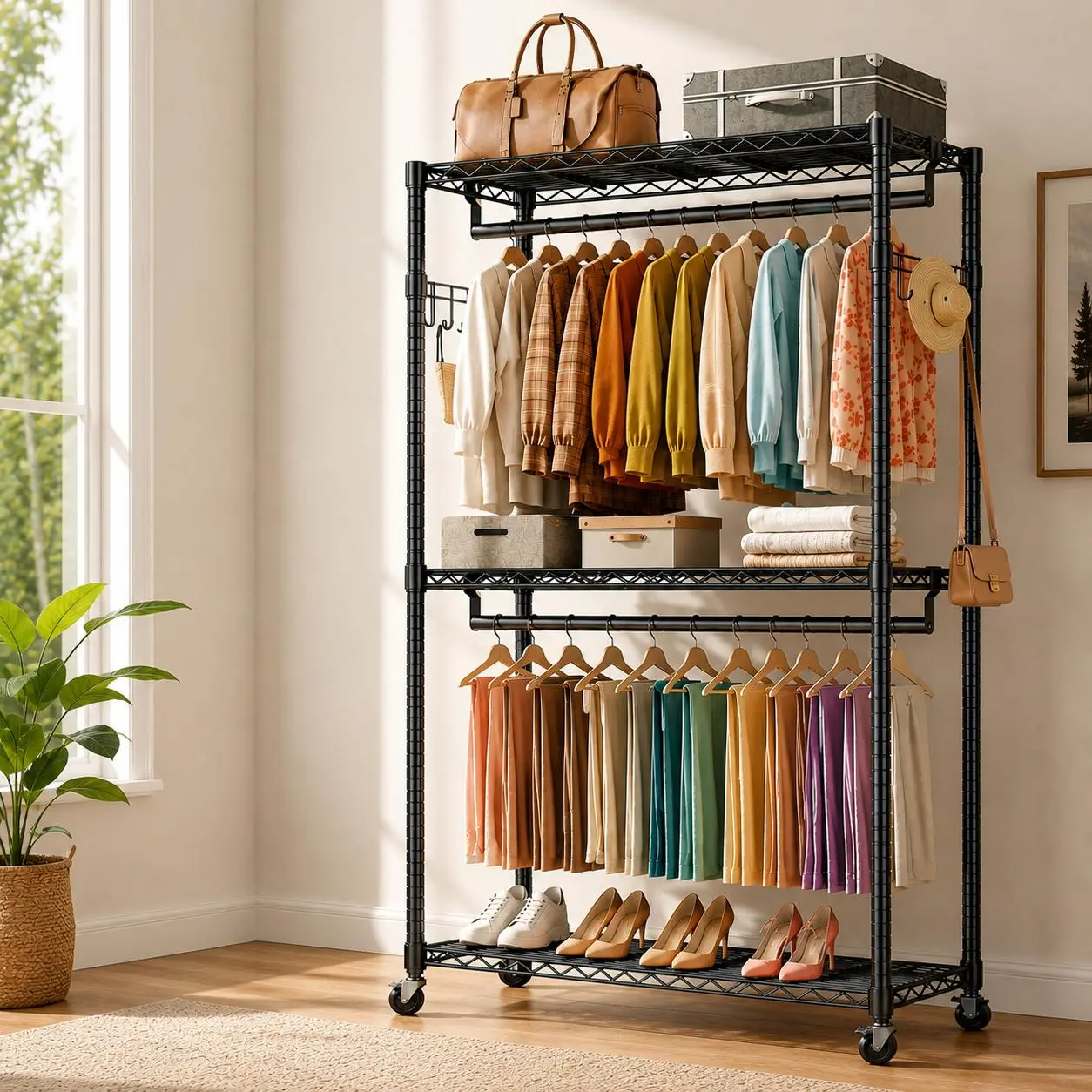 Sweetcrispy Outlet-3 Tier Heavy Duty Rolling Garment Rack - Lockable Casters, 360° Swivel, Adjustable Freestanding Floor Stand, Multifunctional Organiser for Closet Organization & Clothes Storage Furniture