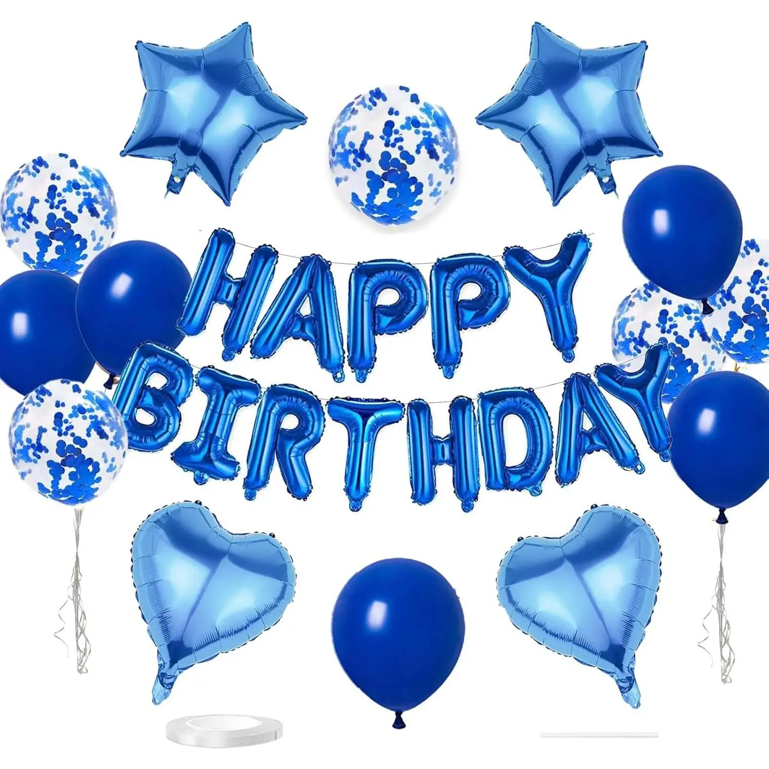 27 Pcs Dark Blue Birthday Decorations, 3D Foil Dark Blue Happy Birthday Balloon Banner, Pentagram Heart Foil Balloons Confetti Balloons Kit For Boys Girls Birthday Party Supplies