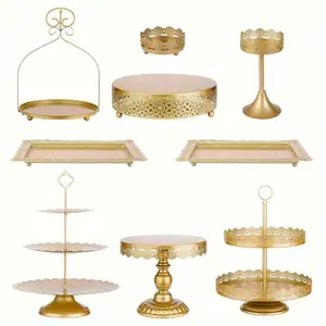 Set Of 9pcs Golden Cake Stand Dessert Table Display Set, Including Three-Layer Cake Stand, Cake Tray, Cupcake Stand/Tower And Dessert Stand