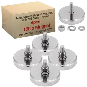 4-Piece Heavy-Duty Neodymium Round Magnets with M6 Male Thread Bolts, 150lb Rare Earth Mounting Magnets with Studs for Lighting Brackets, License Plates