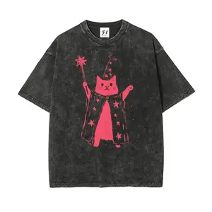 Women's Vintage Pink Wizard Cat & Star Wand Oversized Washed T-Shirt - S-5XL, Unisex Loose Casual Short-Sleeve Top, Buddy Cotton Fabric, Ultra-Soft Pre-Shrunk Streetwear,summervibes