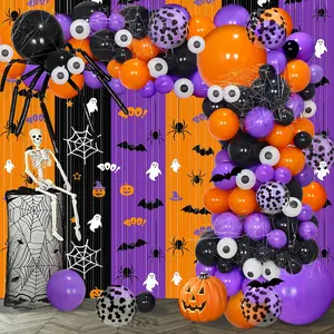 Halloween Balloon Garland Arch Kit, 6.6 X 6.6 ft Halloween Tinsel Foil Fringe Curtain, Halloween Decorations Party Supplies, Spider Balloon, Halloween 3D Bat Sticker, Halloween Party Photo Backdrop