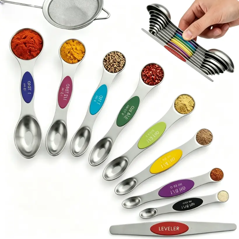 9-Piece Stainless Steel Magnetic Measuring Spoon Set with Oval-Round Dual-Sided Scoop, Handles, Leveler, Multicolor Design, Fits Most Spice Jars, Easy Storage, Dishwasher Safe Kitchen Measuring Utensil Essential