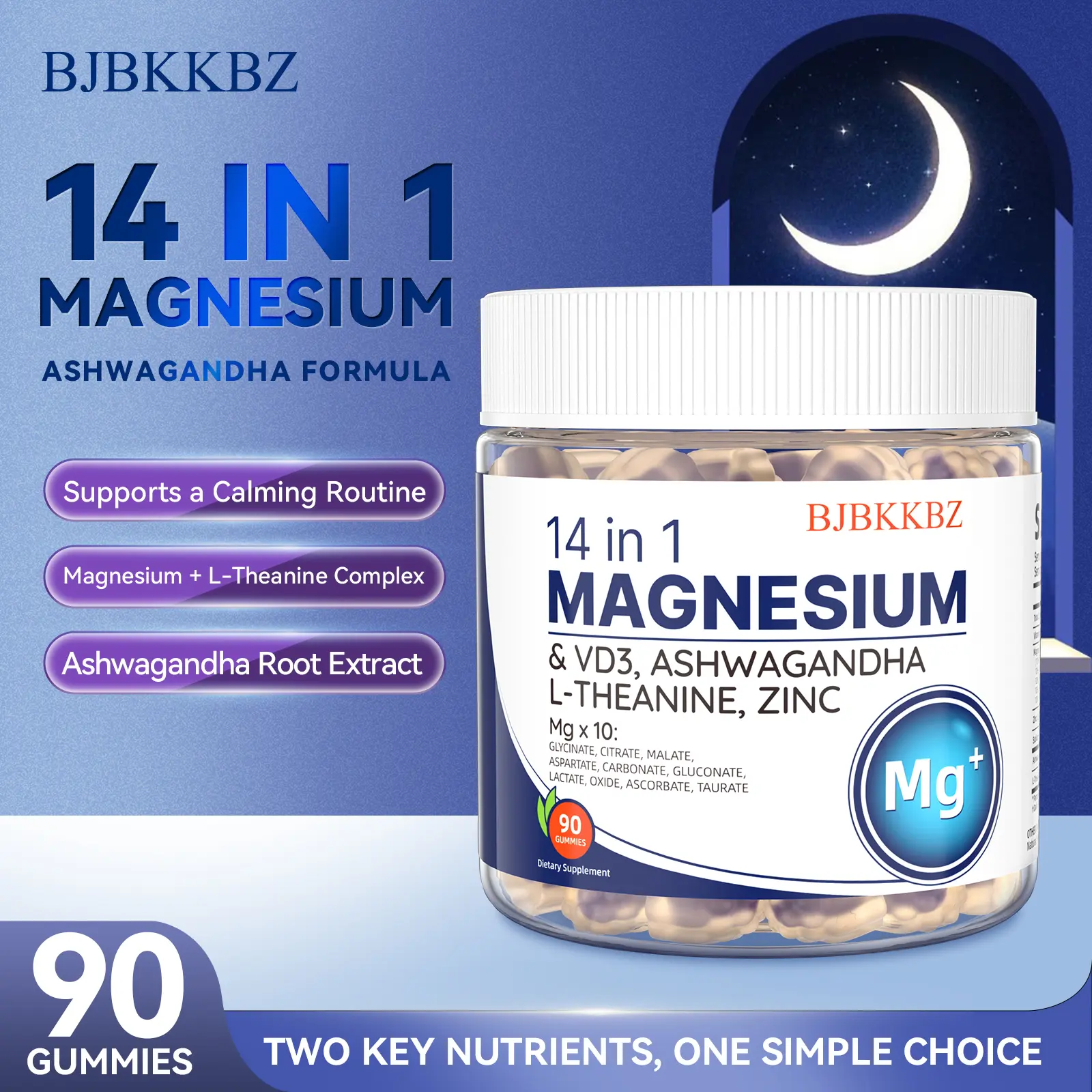 BJBKKBZ 14 in 1 Magnesium Gummies with Ashwagandha, L-Theanine, VD3 & Zinc, 10 Forms of Magnesium for Calming Routine & Relaxation, Non-GMO Dietary Supplement, 90 Count gluten-free gym supplement micro ingredients supreme omega lulla bites