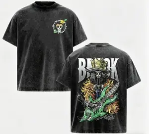 Black Washed One Piece Anime Graphic T Shirt Brook Skull Guitar Print Casual Short Sleeve Crewneck Cotton Tee Mens Streetwear Top for Daily Activities