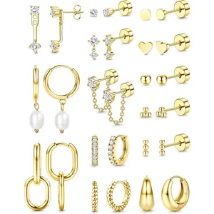 Jstyle 14K Gold Plated Earrings Women Hypoallergenic Cartilage Earrings Set for Multiple Piercing Trendy Huggie Hoop Earring Lightweight Earring Stacks Small Cute Pearl CZ Stud Hoop Gold/Silver Tone