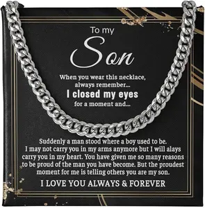To My Son Cuban Chain Necklace, I Close My Eyes Necklace, To My Amazing Son Cuban Link Chain Necklace, Gift For Son Cross Necklace, Son Jewelry with Message Card and Gift Box, Cuban Link Chain Necklace For Son, 925 Sterling Silver Necklace