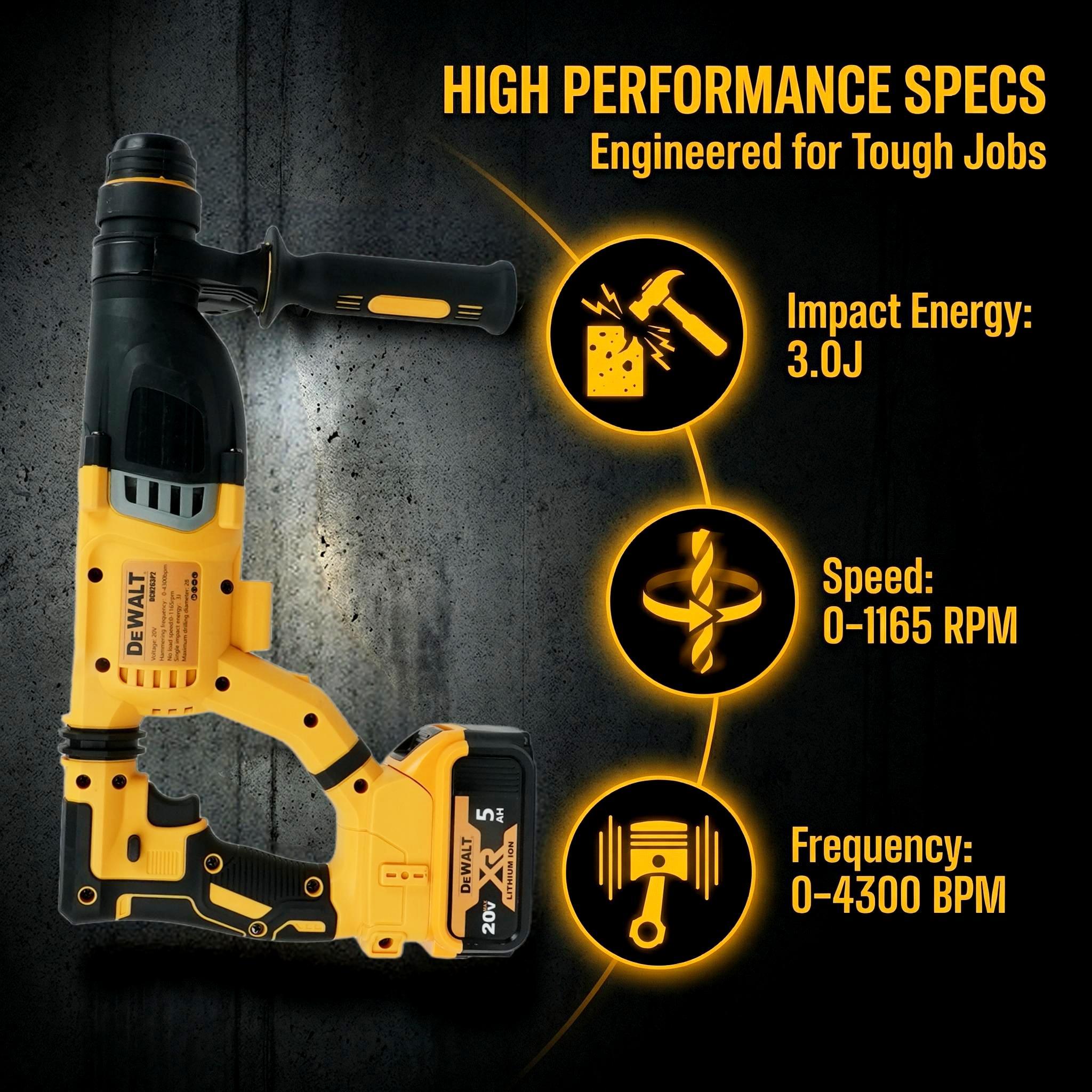 DEWALT DCH263 20V Rotary Hammer, 3.0J Impact, 0-4300bpm for Drilling and Demolition Tasks tool kit set Cordless Drill Household machine power great gift workshop use