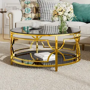 30.7" Luxury Round Glass Coffee Table, 2-Tier Modern Center Table with Stainless Steel Leg Tempered Glass Tabletop, Elegant Accent Furniture for Living Room Small Space Apartment (Black+Gold)