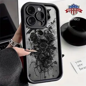 Abstract Crow Skull Rose Flower Pattern Mobile Phone Case for iPhone 16, 15, 14, 13, 12, 11, Plus, Pro, Max,Xsmax. Perfect Birthday Gift for Friends TPU Anti-fall and Dirt-Resistant Protective Soft Case