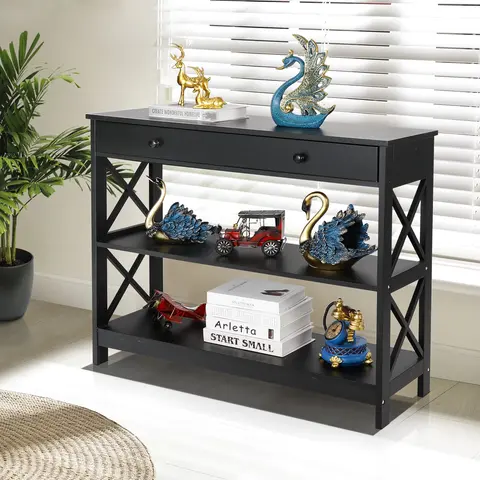 Segawe X-Design Rectangular Contemporary Wooden Console Table - Solid MDF, 2 Shelves, 1 Drawer, 22lb & 42.11lbs Capacities, Black Accent Side Table, Textured Espresso Living Room Furniture, Modern Bookshelf for Multi-Room Use
