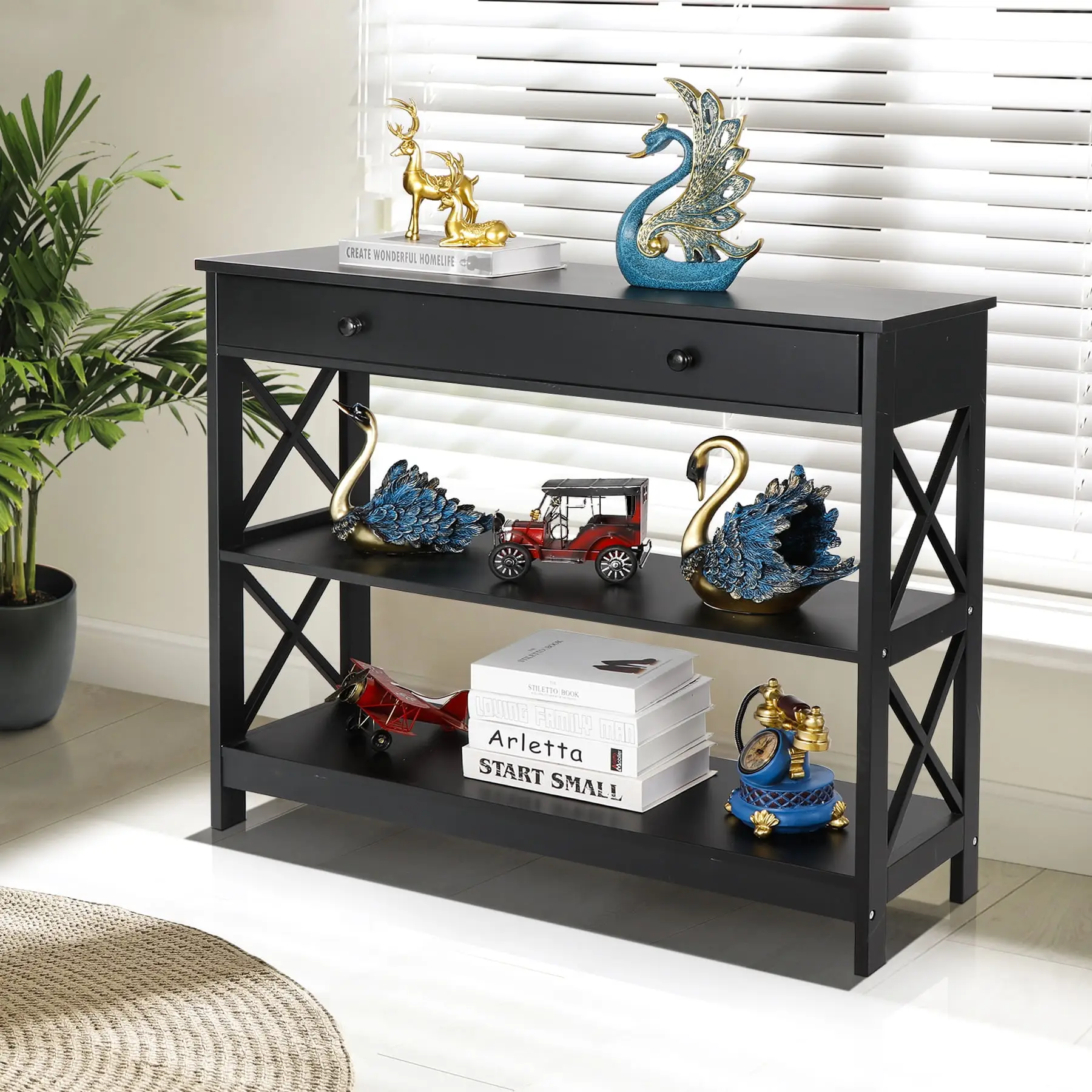 SEGAWE X-Design Modern Drawer Wooden Console Table with 2 Shelves, Black