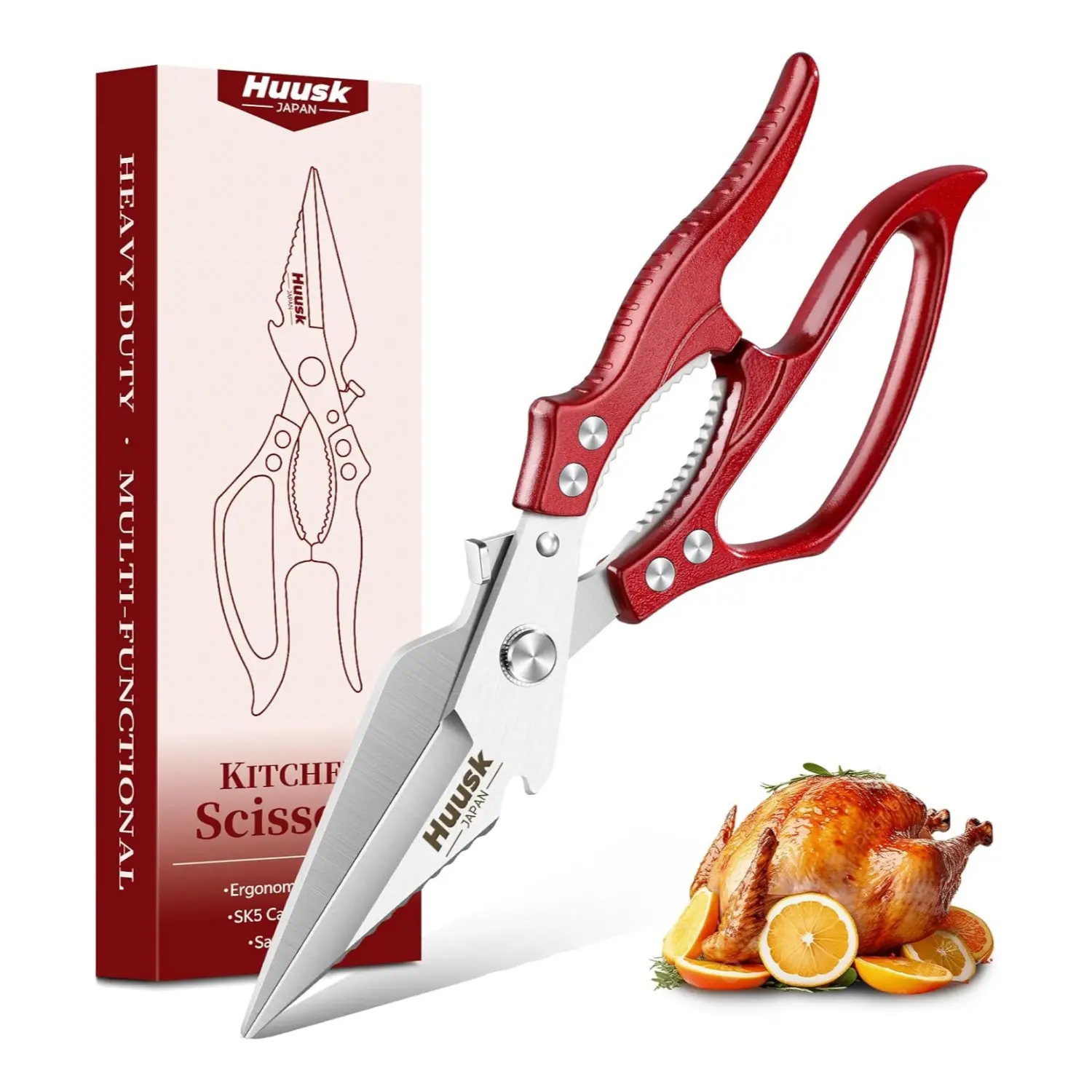Huusk Kitchen Scissors Heavy Duty – All Purpose Poultry Shears for Chicken, Meat, Fish, Vegetables & Pizza,Kitchen Shears with Ergonomic Non-Slip Silver Handle, Gifts for Women Men