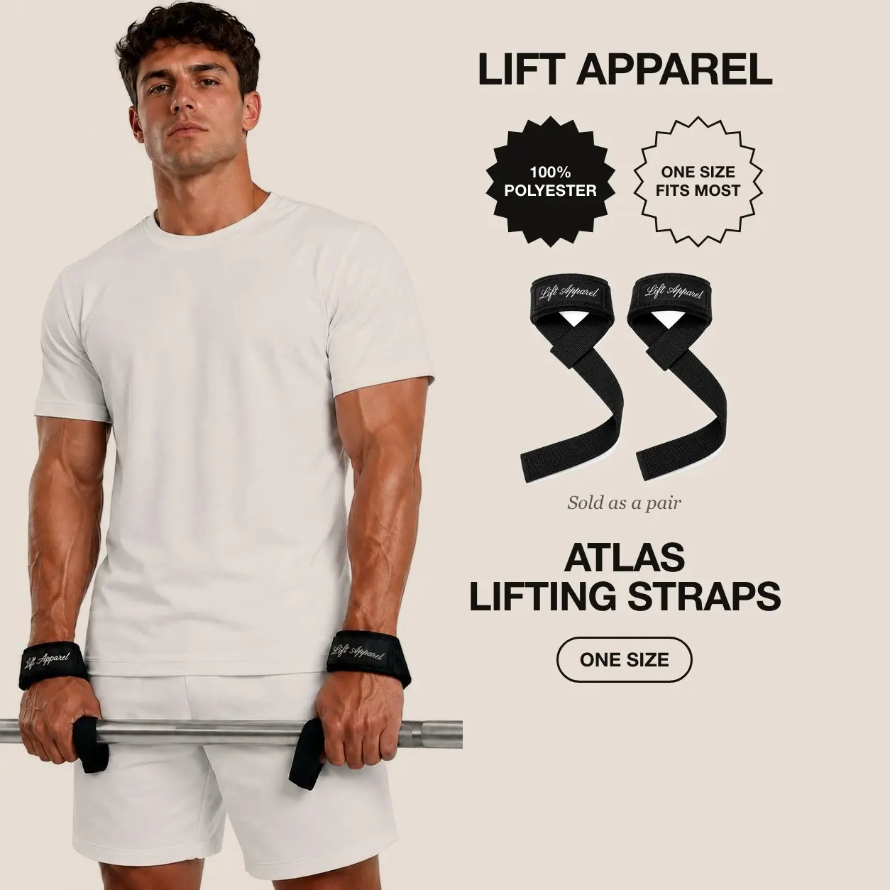 Lift Apparel Atlas Lifting Straps - Padded Wrist Straps for Weightlifting, Deadlifts, Rows and Pull-Ups, Heavy-Duty Polyester Gym Grip Straps, One Size Fits Most, Sold as a Pair