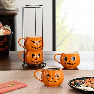 Way To Celebrate Halloween Pumpkin Stoneware Stackable Mug Set with Iron Rack - Set of Four 14oz Mugs with Distinct Facial Expressions & Iron Rack for Easy Stacking and Storage