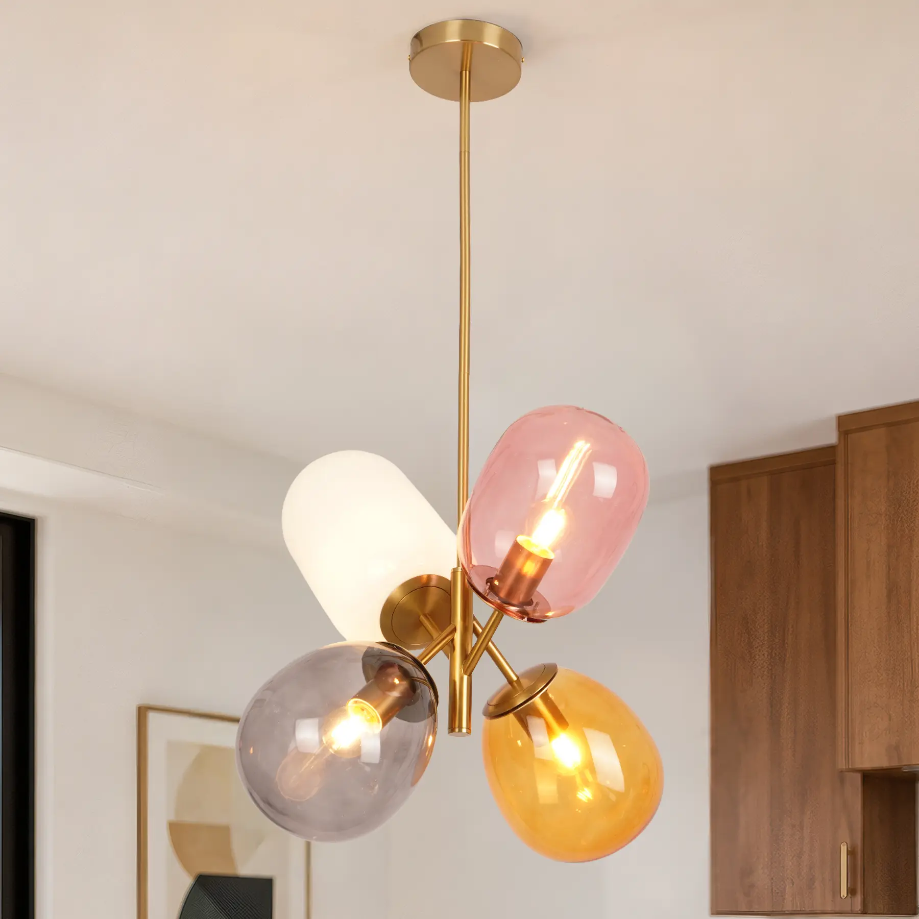 19.7 Inch Modern 4-Light Brass Chandelier, Multicolor Teardrop Glass Shades Adjustable Rod Ceiling Light, E26 Mid-Century Dining Room Living Room Decor Chandelier