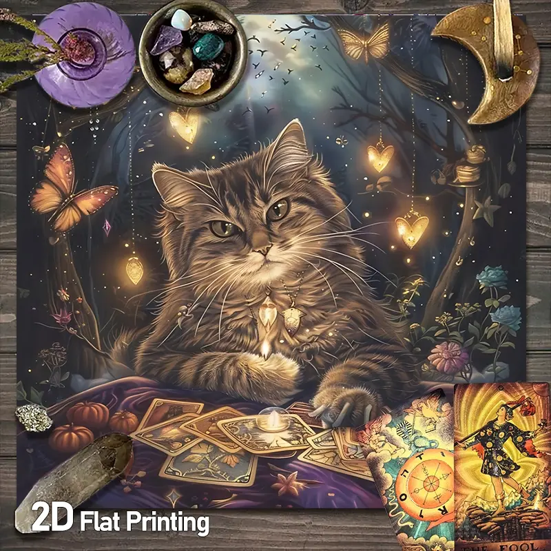 Cat Tarot Card Autumn Altar Tablecloth Golden Magic Astrology Spiritual Tarot Pad Fantasy Square Gaming Tablecloth Party Decoration Supplies for Home Ideal Gift for Friends