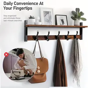 Single-layer wall rack with hooks - space-saving porch storage rack with 5 heavy-duty hooks, dark coffee rustic storage rack for keys, letters, decorations, easy to install, suitable for apartments, bedrooms, living rooms