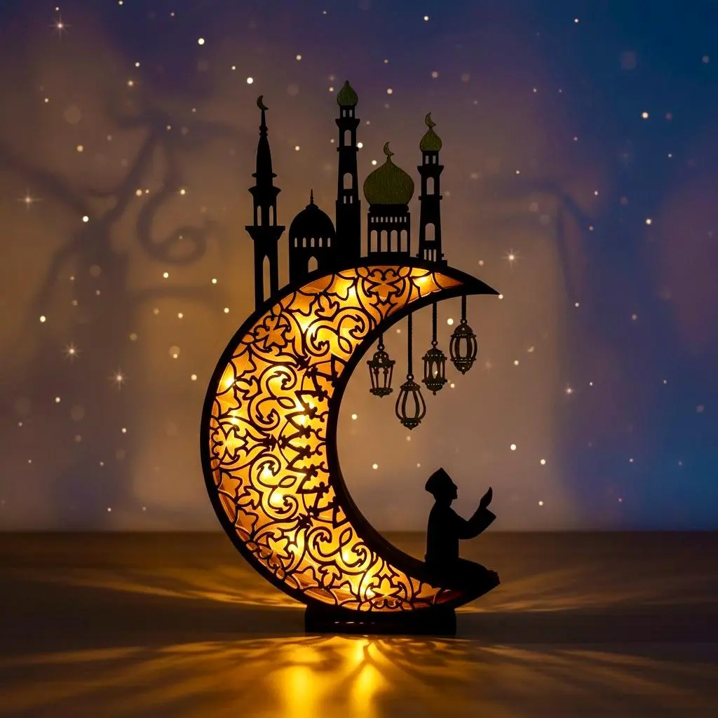 Hand-Painted Ramadan Lamp | Wooden Crescent Mosque Decor