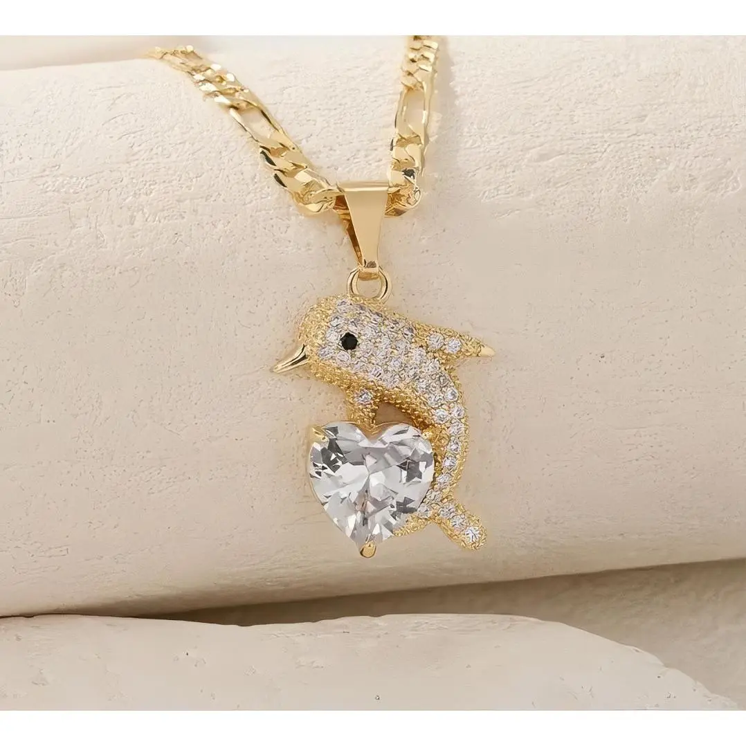 14K Gold Dolphin Pendant Necklace with 3A Zirconia Heart Charm Exquisite Jewelry for Women