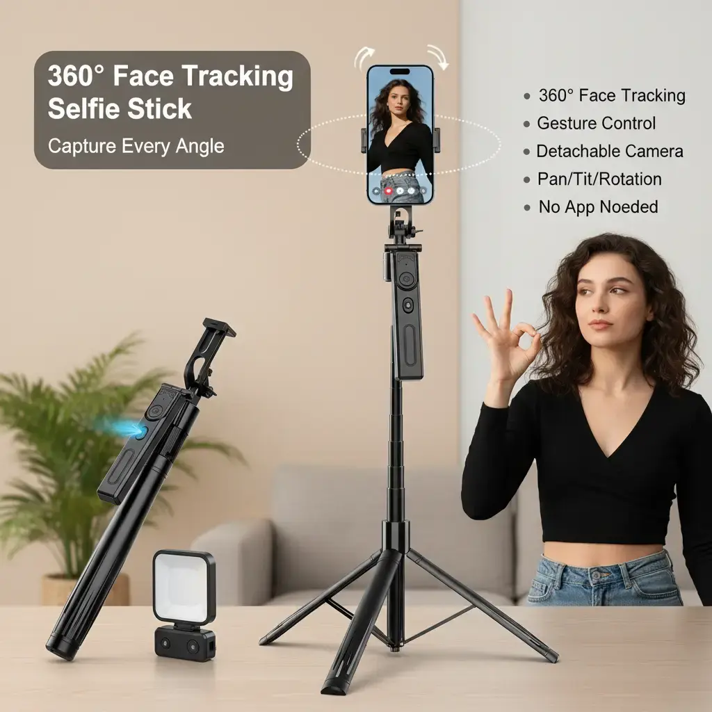 360° Face Tracking Selfie Stick Tripod with Pan/Tilt, Gesture Control, Remote - No App Needed, Detachable Camera, Lights, AI Smartphone Mobile Accessories for Square Vlog, Live Stream Vlogging Ai Video Cellphone Black