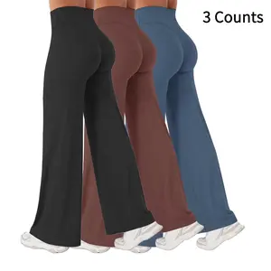 Women's 3-Pack High-Waist Wide-Leg Yoga Pants Lightweight 4-Way Stretch Nylon Blend Regular & Tall Inseams Everyday Athleisure Gym Outfits Sportswear