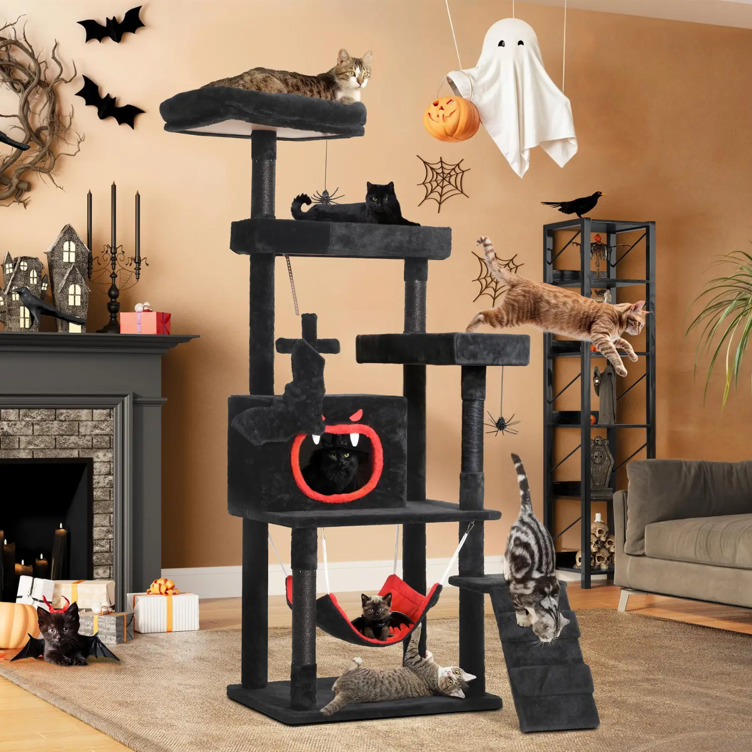 Yitahome Gothic/Christmas Cat Tree with Coffin Bed, Cat Tower for Cats with Top Perch, Spacious Cat Condos, Comfy Hammock, Scratching Post and Ladder