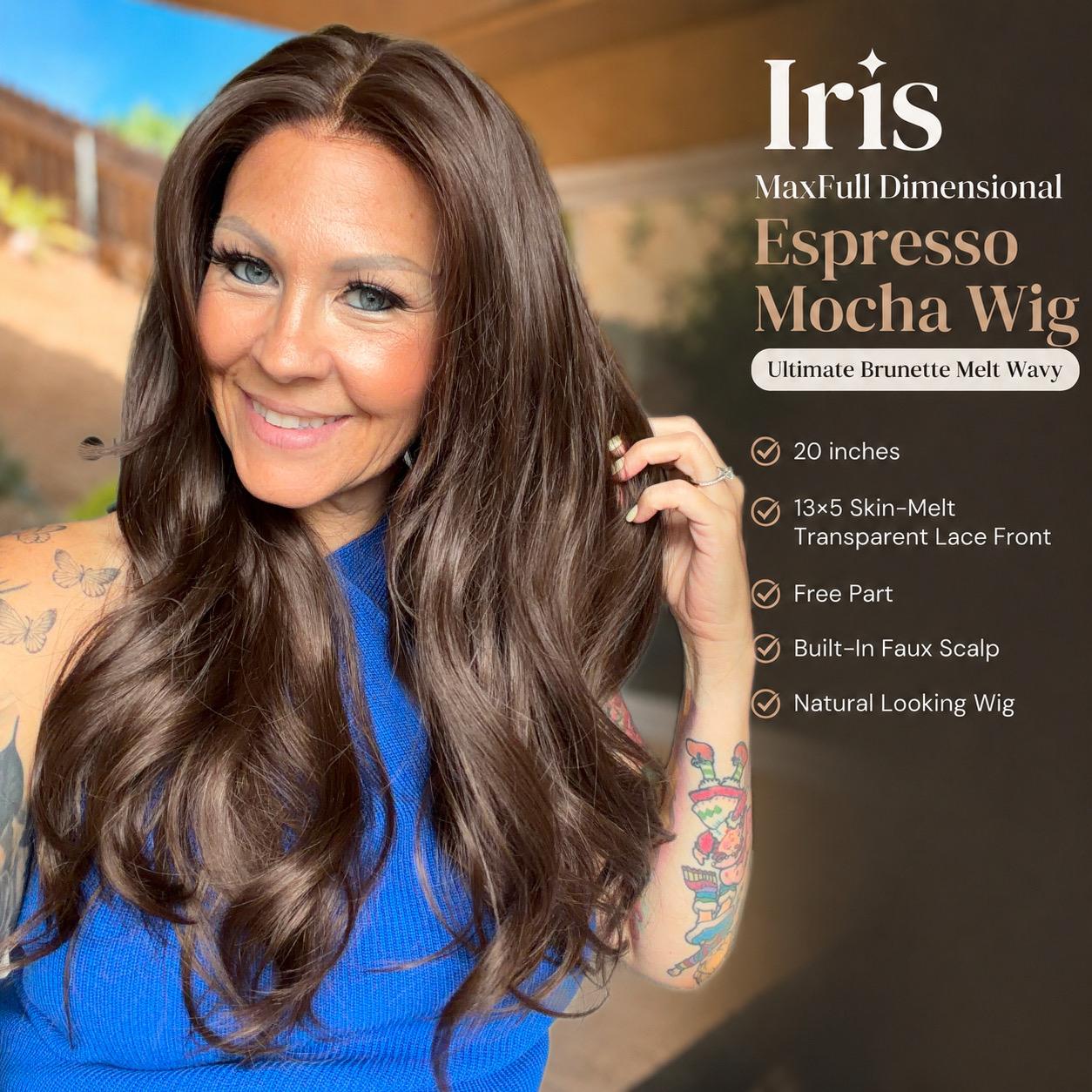 Iris - MaxFull Dimensional Espresso Mocha Wig | Ultimate Brunette Melt Wavy, 20 inches, 13×5 Skin-Melt Transparent Lace Front, Free Part, Built-In Faux Scalp, Natural Looking Wig