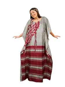Maxi Beach Kaftan Dress – Recycled Sari Caftan in Gray and Red Boho Style  XL