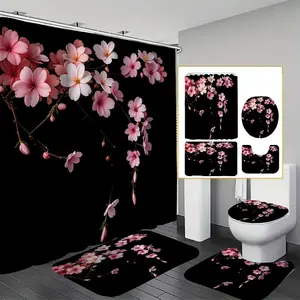 Background Cherry Blossom Nature Shower Curtain Set, Waterproof Fabric, Includes 12 Hanging Hooks, Non-Slip Bathroom Mat, U-Shaped Toilet Seat Pad