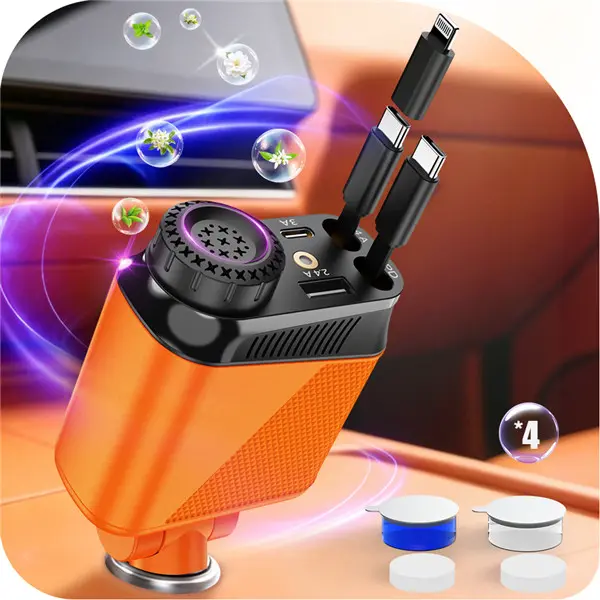 Retractable Automotive High Speed Car Charger - QC3.0&PD2.0, 120W Max, Plastic, 2 Retractable Cables, 4 Ports, 7-in-1, Smart Chip, Universal for iPhone & Android, Road Trip Companion, Multi-Port Mobile Phone Accessory, Retractable Aut