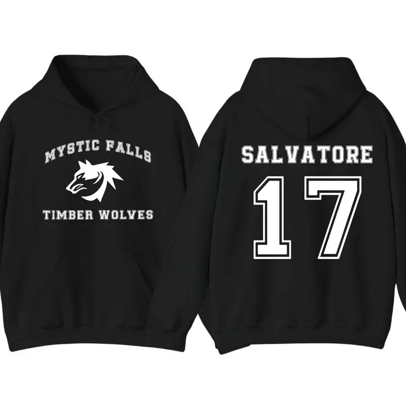🎬 🖤 Men's The Vampire Diaries Inspired  Soft Classic Hoodie - Mystic Falls Salvatore 17 Front & Back Graphic Pullover, Unisex Menswear Casual Streetwear Long Sleeve Sweatshirt Apparel, Sweatshirts, Fabric, Tops, Stylish, Longsleeves