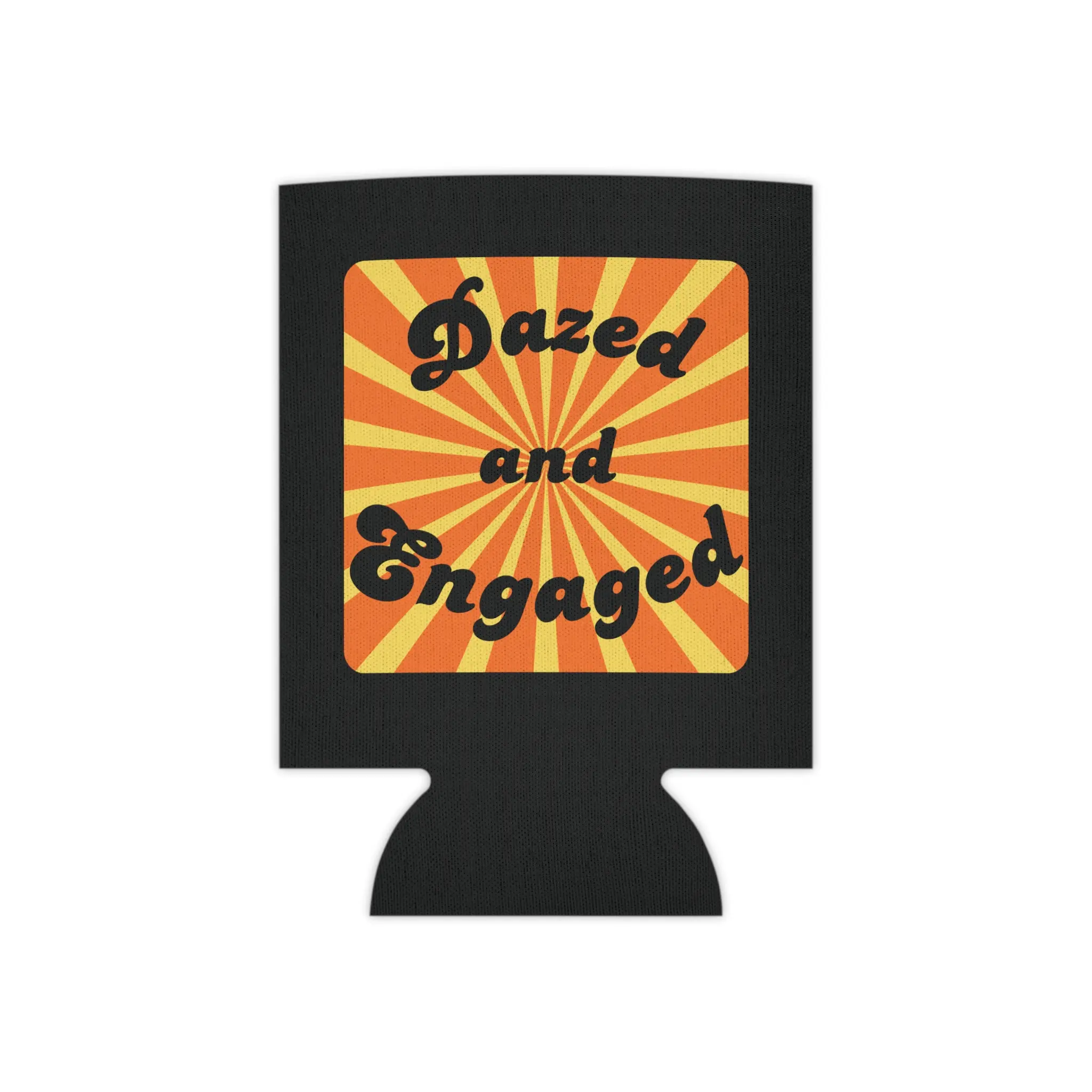 Dazed and Engaged Can Cooler | Orange and Yellow Retro Sunburst Can Cooler