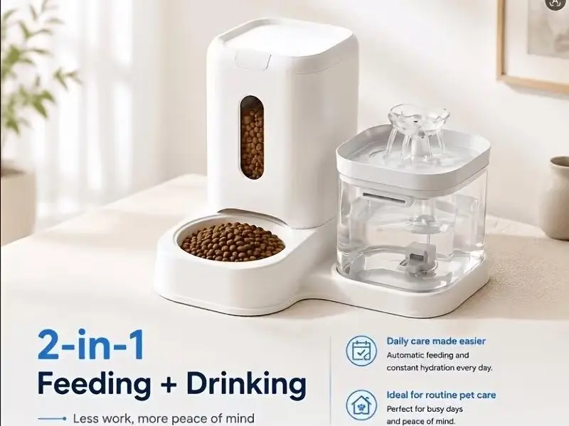 2-in-1 Automatic Pet Feeder & Circulating Water Fountain, 121.73oz Food Dispenser & 60.87oz Fresh Water Dispenser, USB Powered, Ultra-Quiet, Large Capacity, Anti-Jam, Easy-to-Clean Feeding Station for Cats & Small Dogs