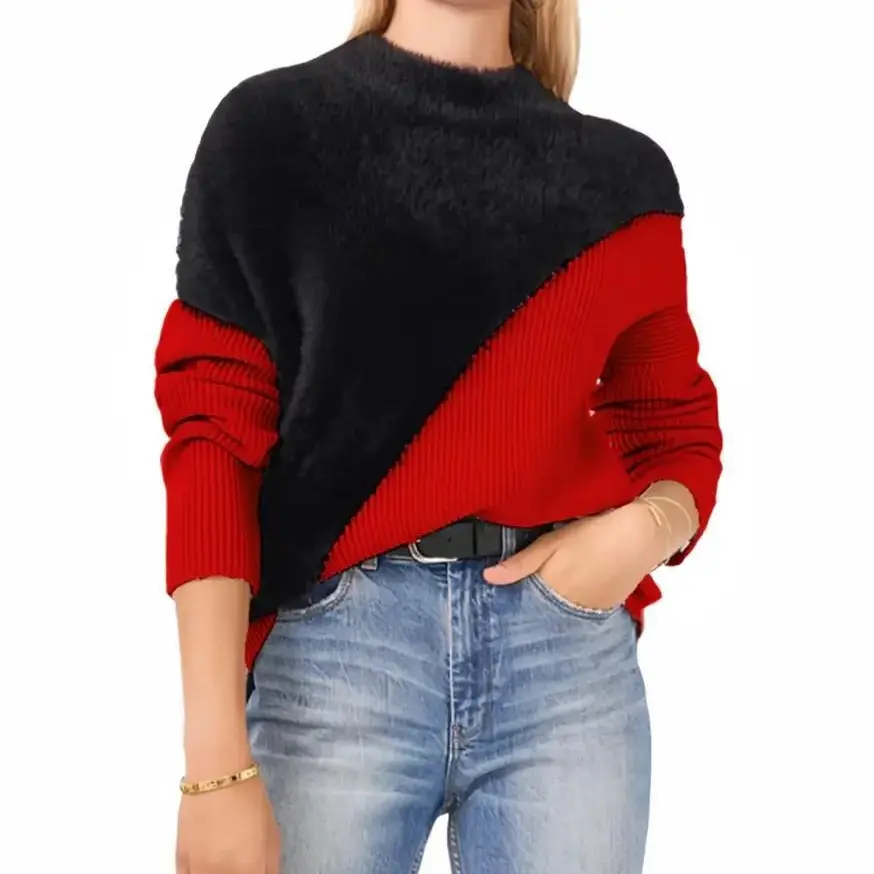 Vince Camuto  Women's Asymmetrical Color block Faux Fur Sweater. Red & Black Fabric Womenswear