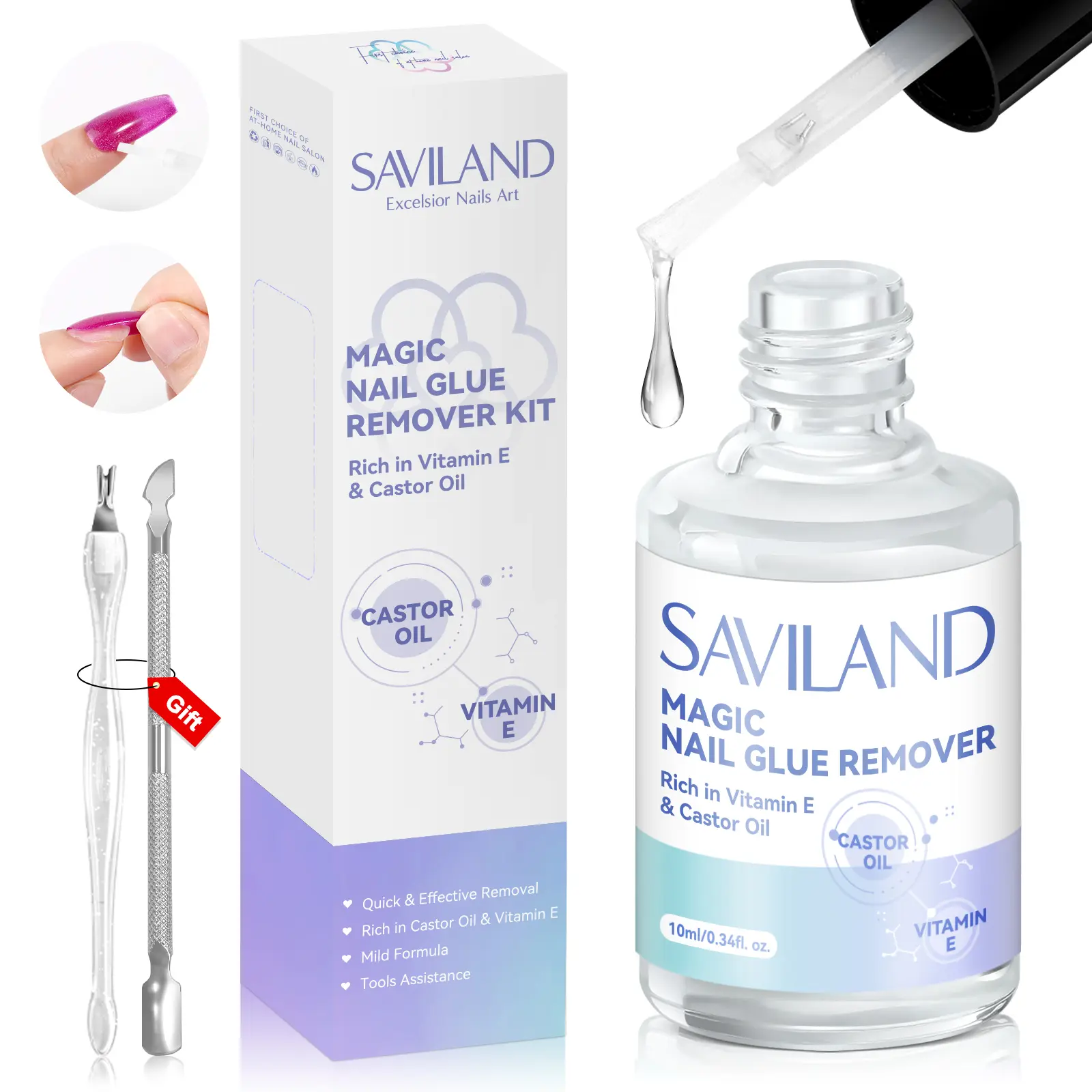 SAVILAND Nail Glue Remover: Castor Oil & Vitamin E Formula for Removal of Press-on Acrylic Fake Nails Cuticle Pusher Nail Fork for Effortless Glue-off