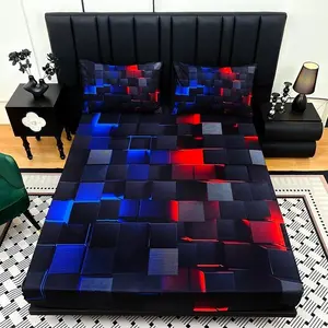 3pc Geometric Line Multi-Pattern Fitted Sheet Set, Multi-color Bed Sheets Set, available in single and king sizes, a perfect holiday gift for friends, suitable for bedrooms, dormitories, hotels, and apartments